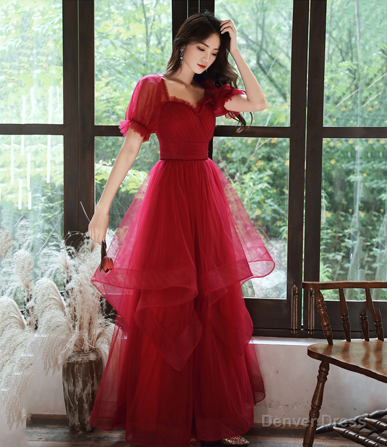 Burgundy tulle long prom dress evening gown Secondary image