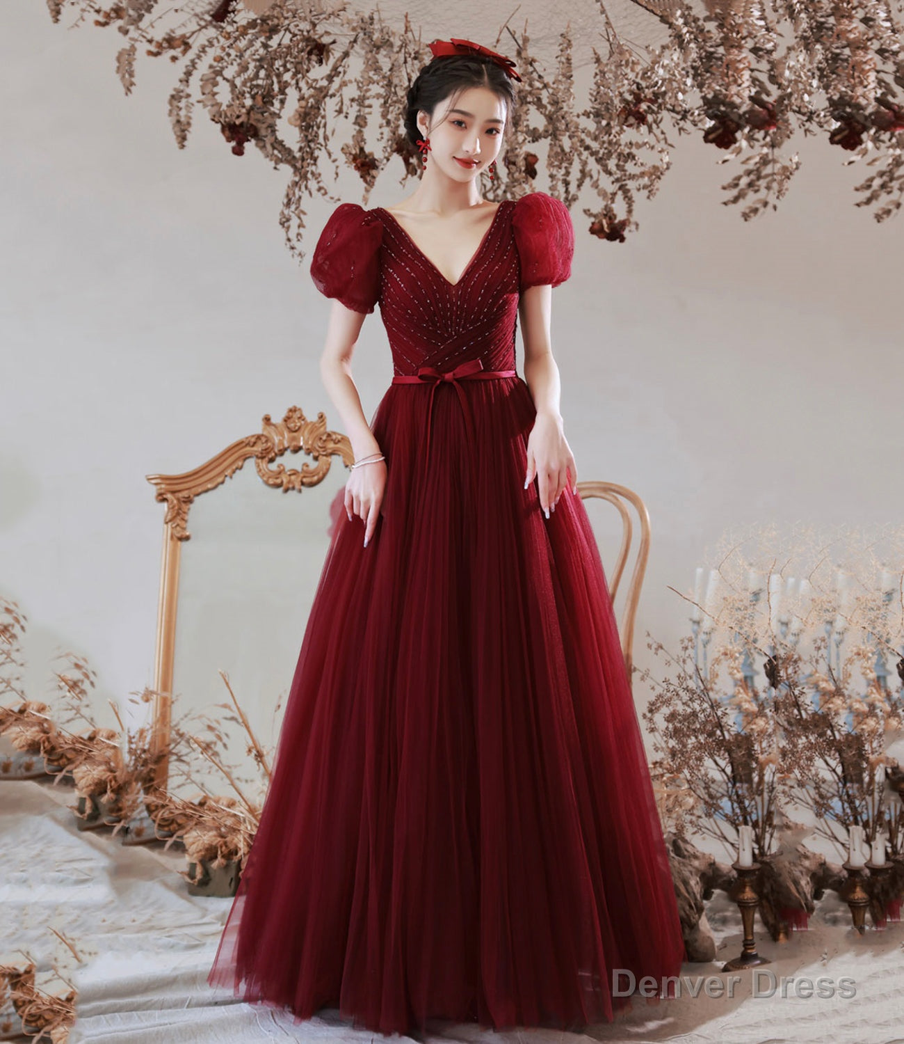 Burgundy tulle beads long prom dress A line evening dress Main image