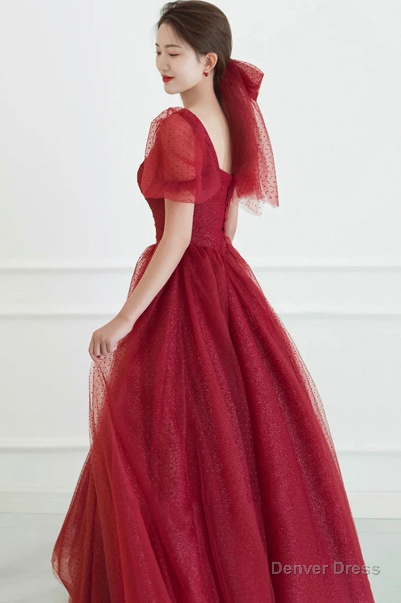 Red tulle long prom Dress A Line Prom Dresses