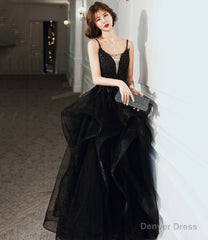 Black v neck lace long prom dress A line evening dress