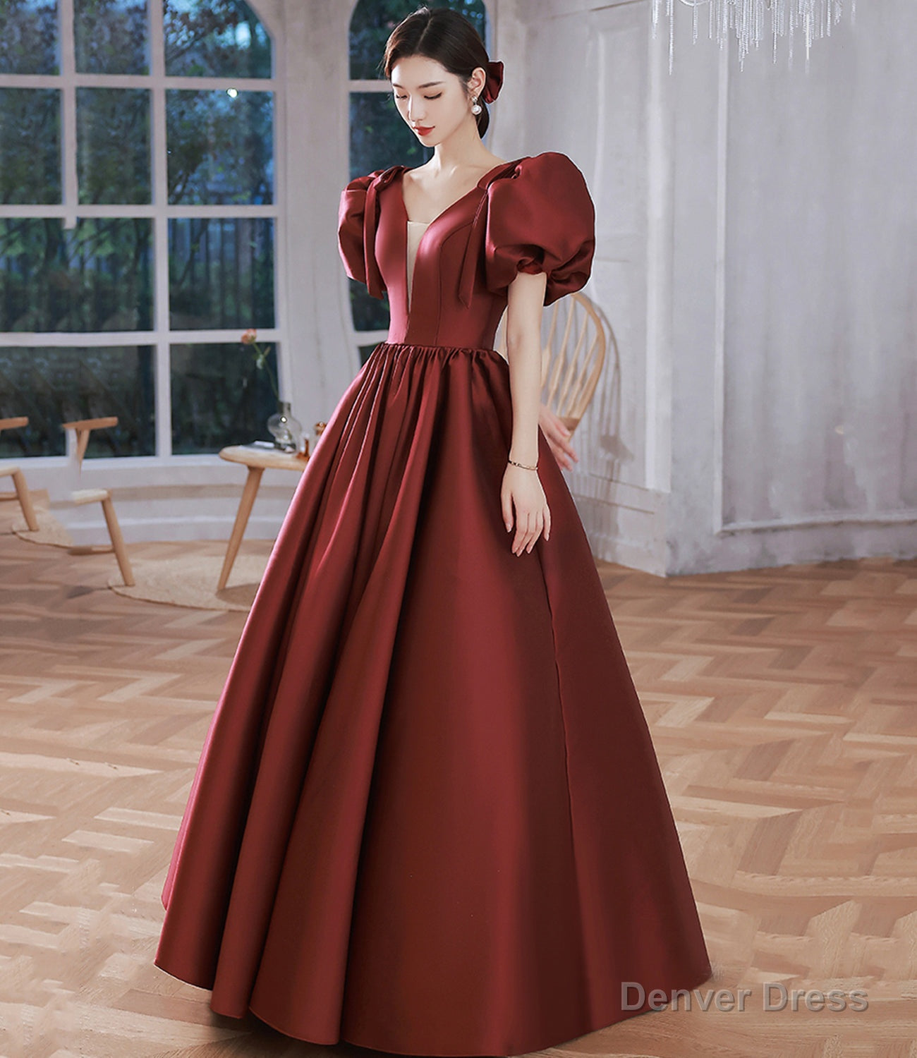 Burgundy v neck satin long prom gown A line formal gown Main image