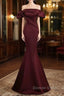 Burgundy Satin Long Prom Dresses, Mermaid Off the Shoulder Evening Party Dresses