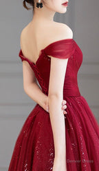 Urgundy Tulle Long Prom Dress, A Line Off The Shoulder Prom Dresses