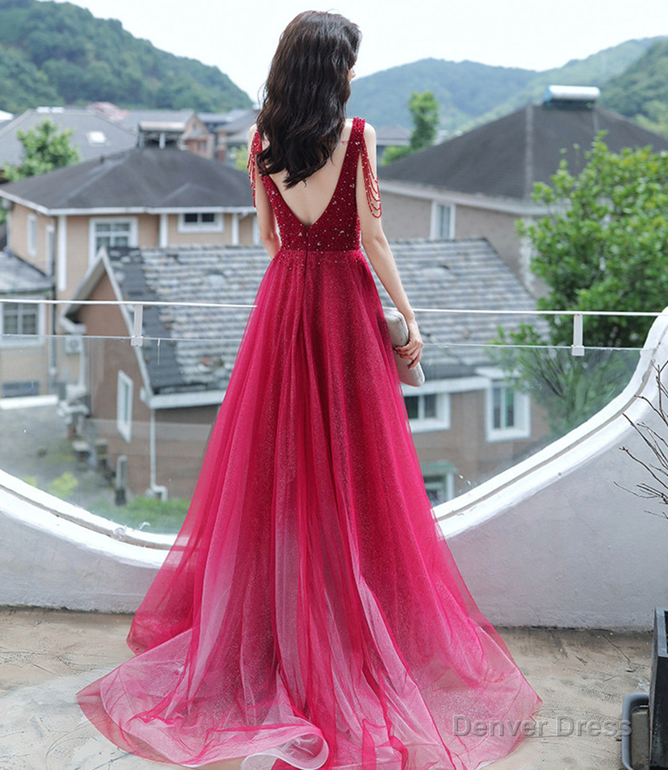 Red tulle beads long prom Dress red Prom Dresses