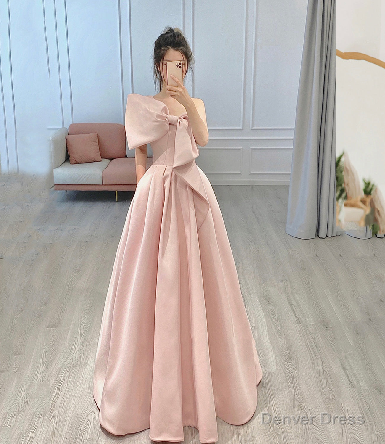 Pink satin long prom Dress with bow A Line Prom Dresses Main image
