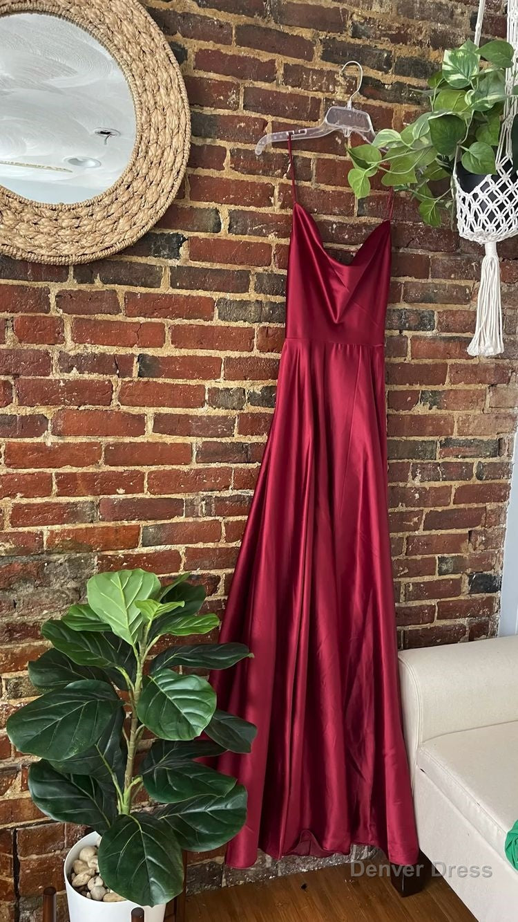 Spaghetti Straps Red Long Prom Dress,Satin A Line Prom Gowns Long Prom Dresses with Slit Main image