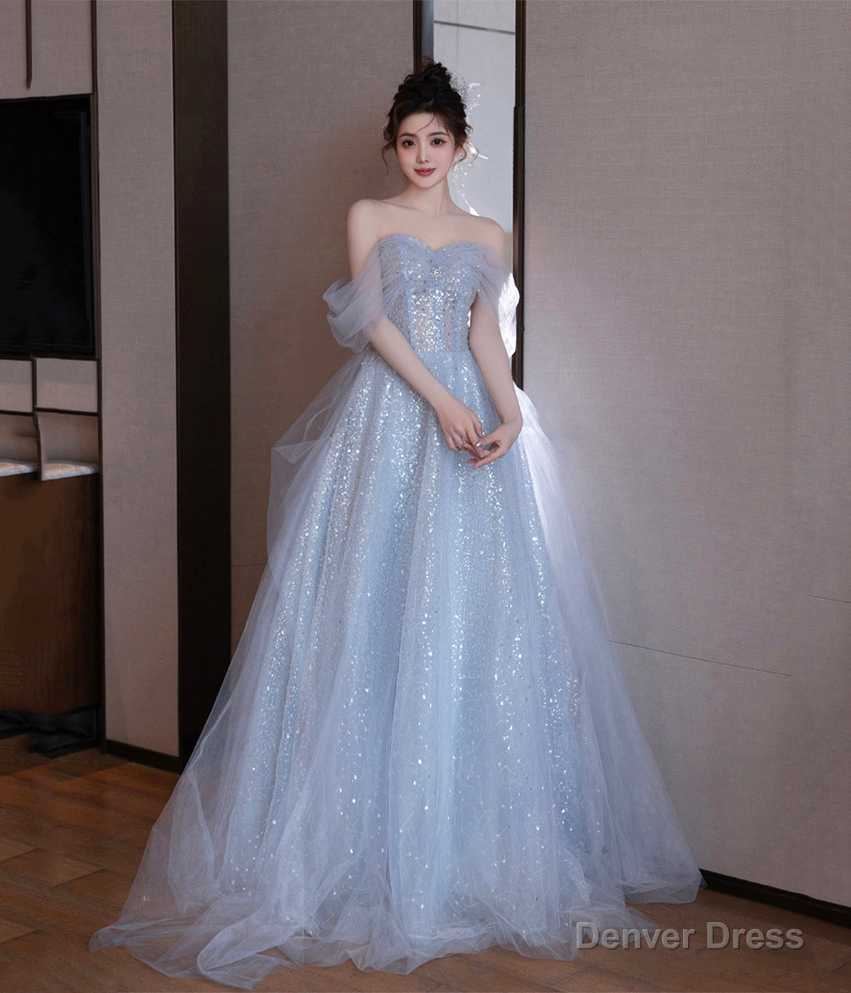 Cute Tulle Sequins Long Prom Dress, Blue A-Line Evening Dress Main image