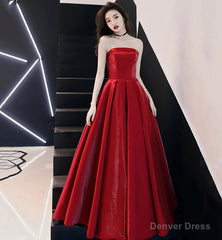 Simple satin long prom dress burgundy evening dress