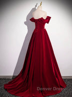 Burgundy Velvet Long Prom Dresses, Off the Shoulder Evening Party Dresses