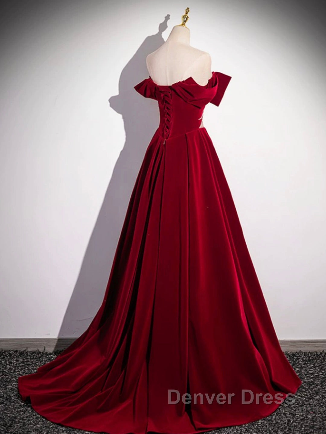 Burgundy Velvet Long Prom Dresses, Off the Shoulder Evening Party Dresses