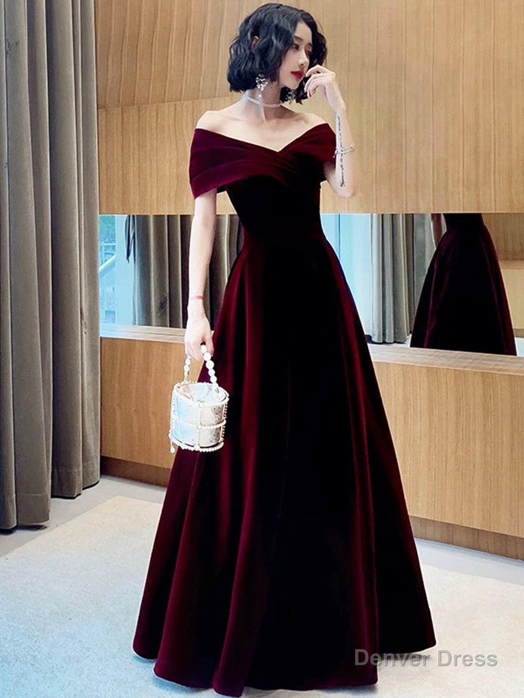 Burgundy Velvetl Long Prom Party Dress