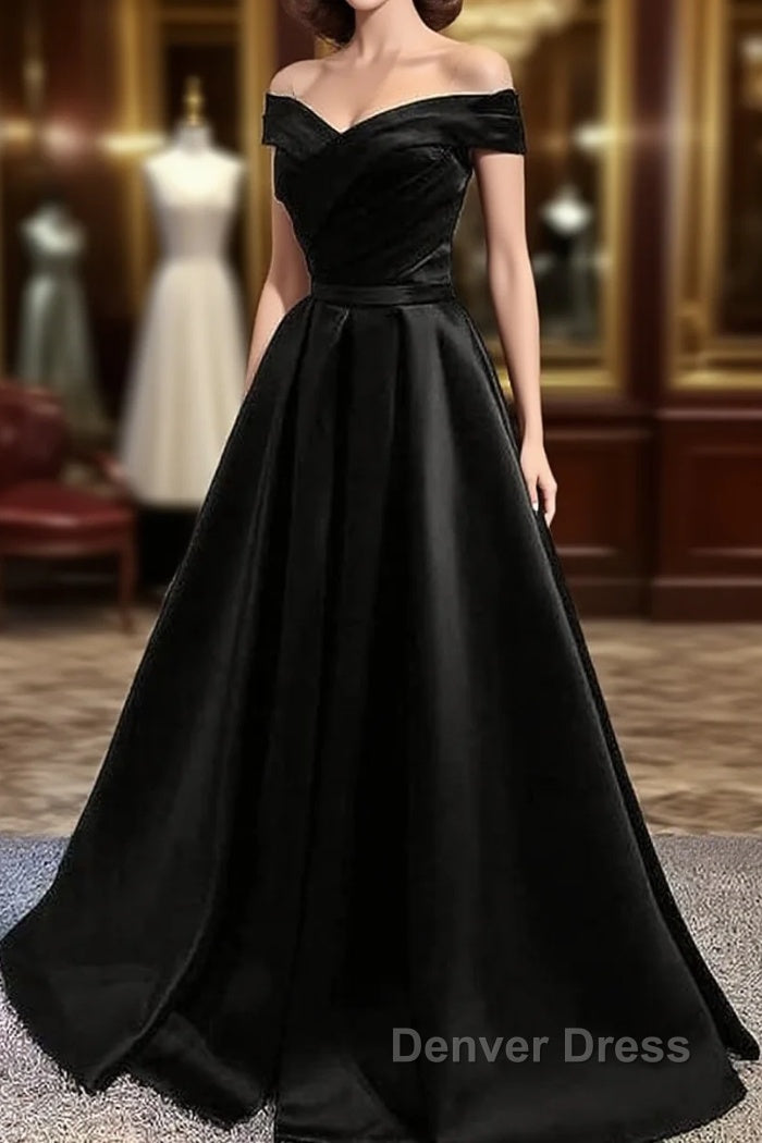 Off Shoulder A Line balck Prom Dresses Formal Dresses