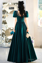 Green satin long prom dress A-line evening dress
