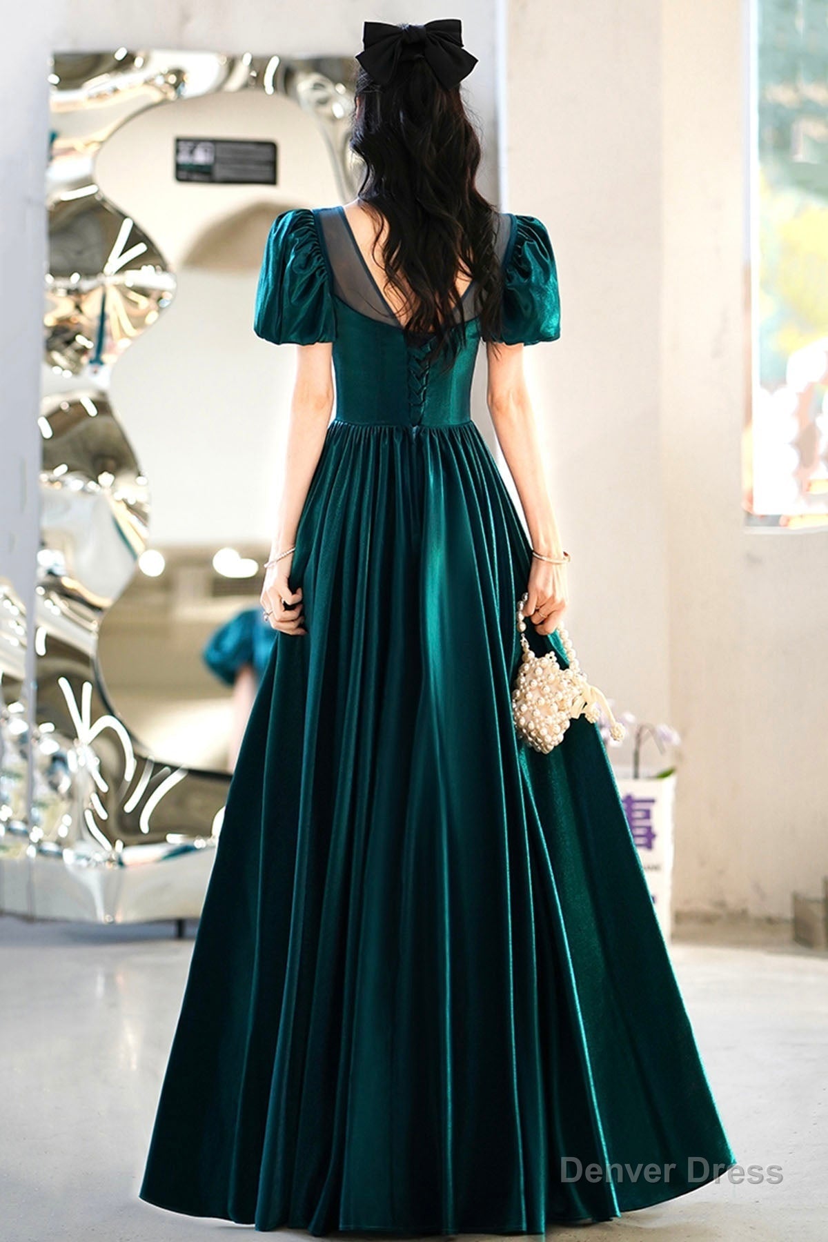 Green satin long prom dress A-line evening dress