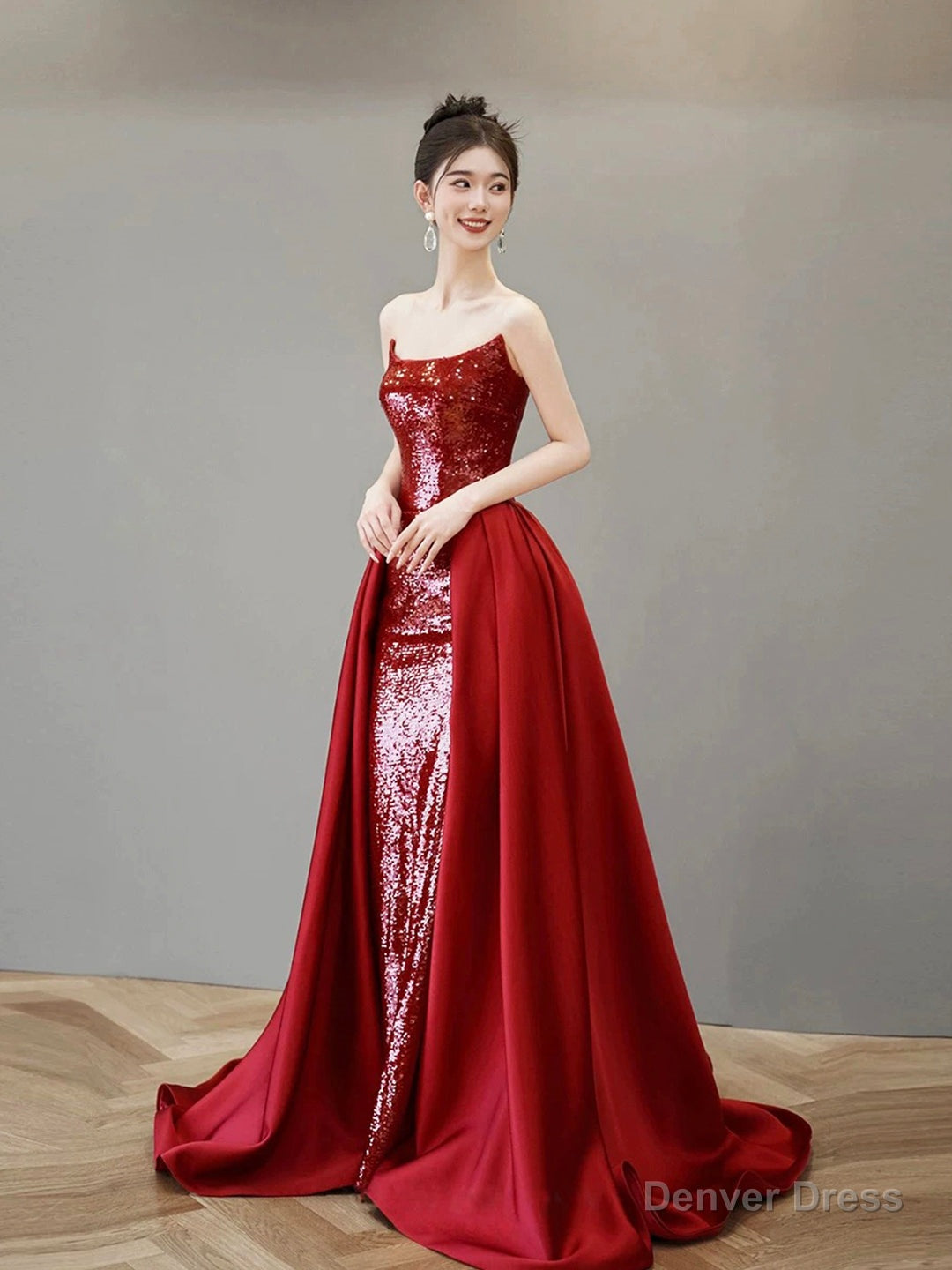 Burgundy Satin Sequins Long Prom Party Dress Secondary image