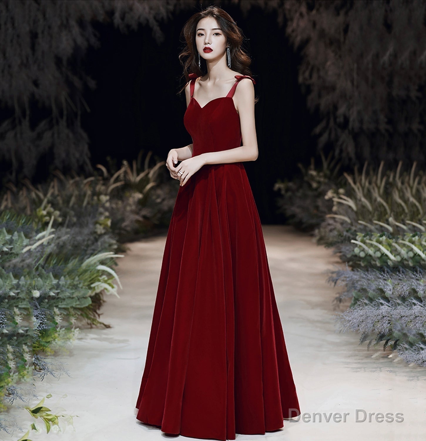 Red velvet long prom Dresses Simple Prom Gowns Secondary image