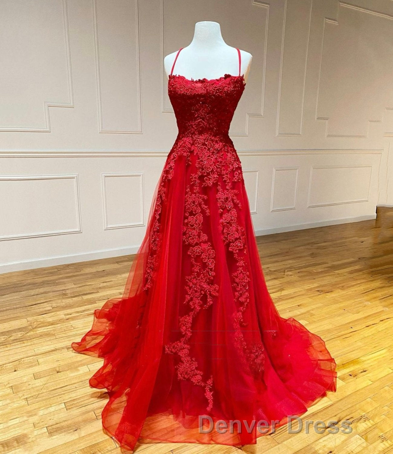 Red Long Prom Dresses Chic & Modern Lace Applique Straps Formal Dresses Secondary image