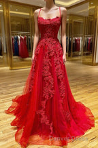 Red Long Prom Dress Chic & Modern Lace Applique Straps Prom Dresses