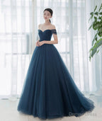Elegant Tulle Long A-Line Prom Dress, Blue Off the Shoulder Evening Party Dress