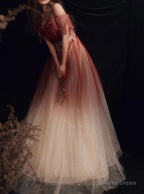 Red Gradient Off the Shoulder Tulle Prom Dresses