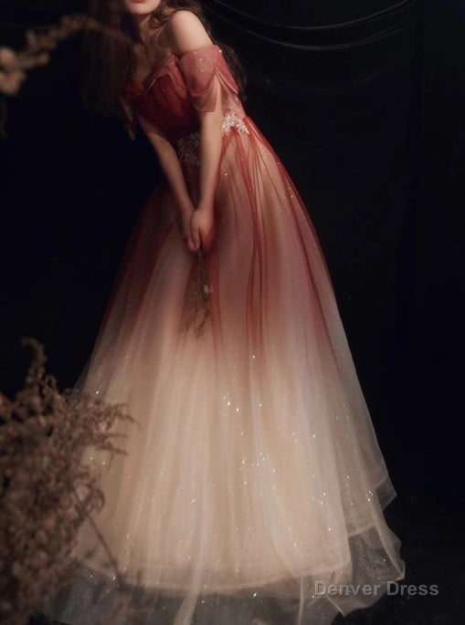 Red Gradient Off the Shoulder Tulle Prom Dresses