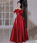 Red satin long prom Dress A Line Prom Dresses
