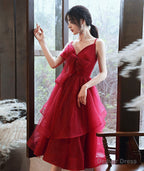 Burgundy v neck tulle sequins prom Dress homecoming Dresses