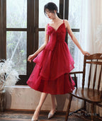 Burgundy v neck tulle sequins prom Dress homecoming Dresses