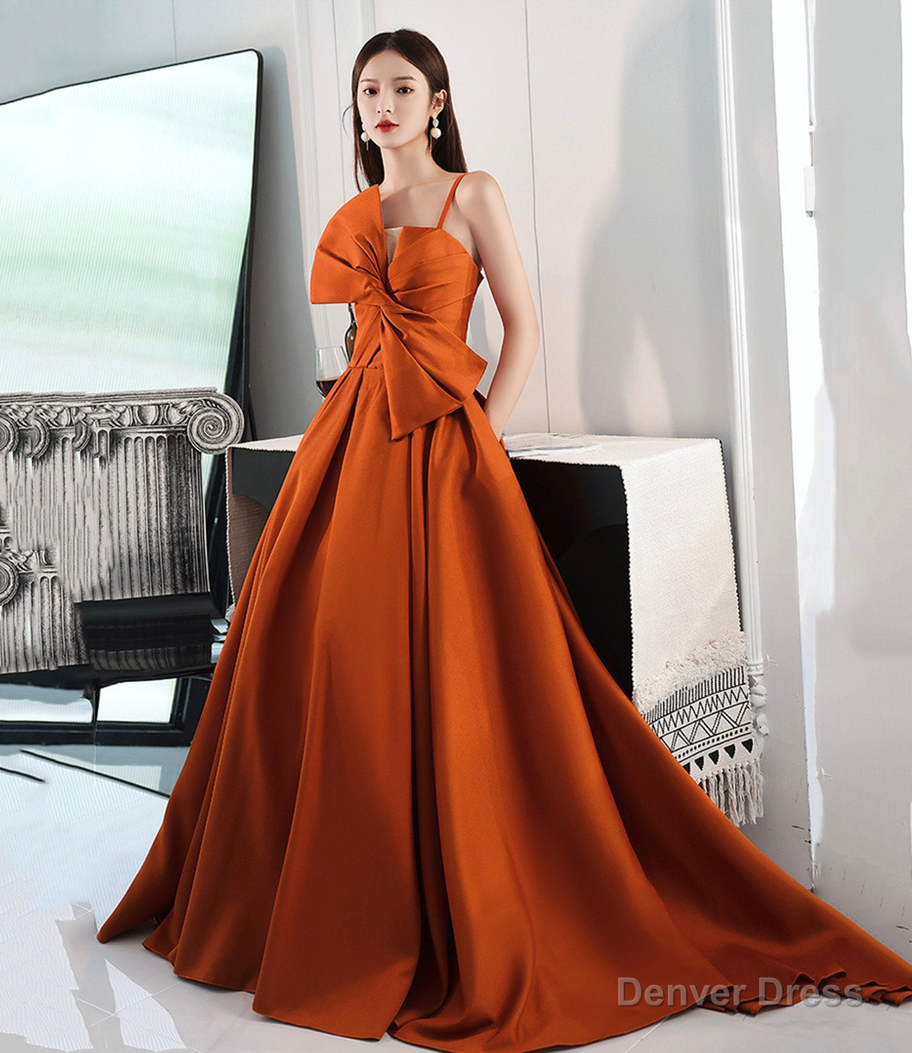 Orange satin long prom dress with bow A line formal dress Main image