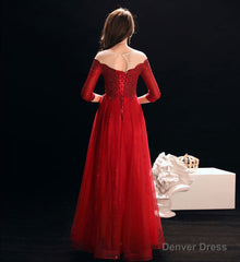 Burgundy lace tulle prom dress evening dress