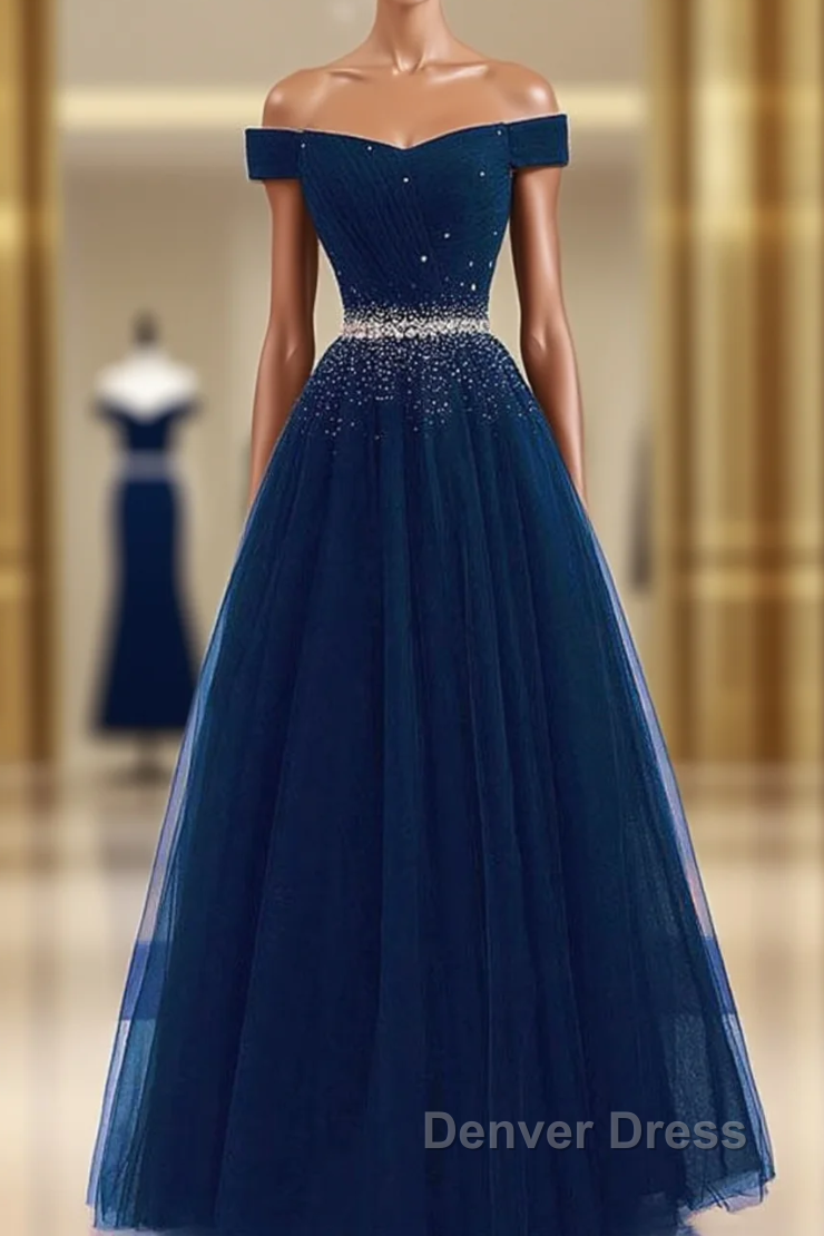 Blue Prom Dresses,tulle Prom Gown,off Shoulder Prom Dresses,long Prom Dresses,a Line Evening Dresses Main image