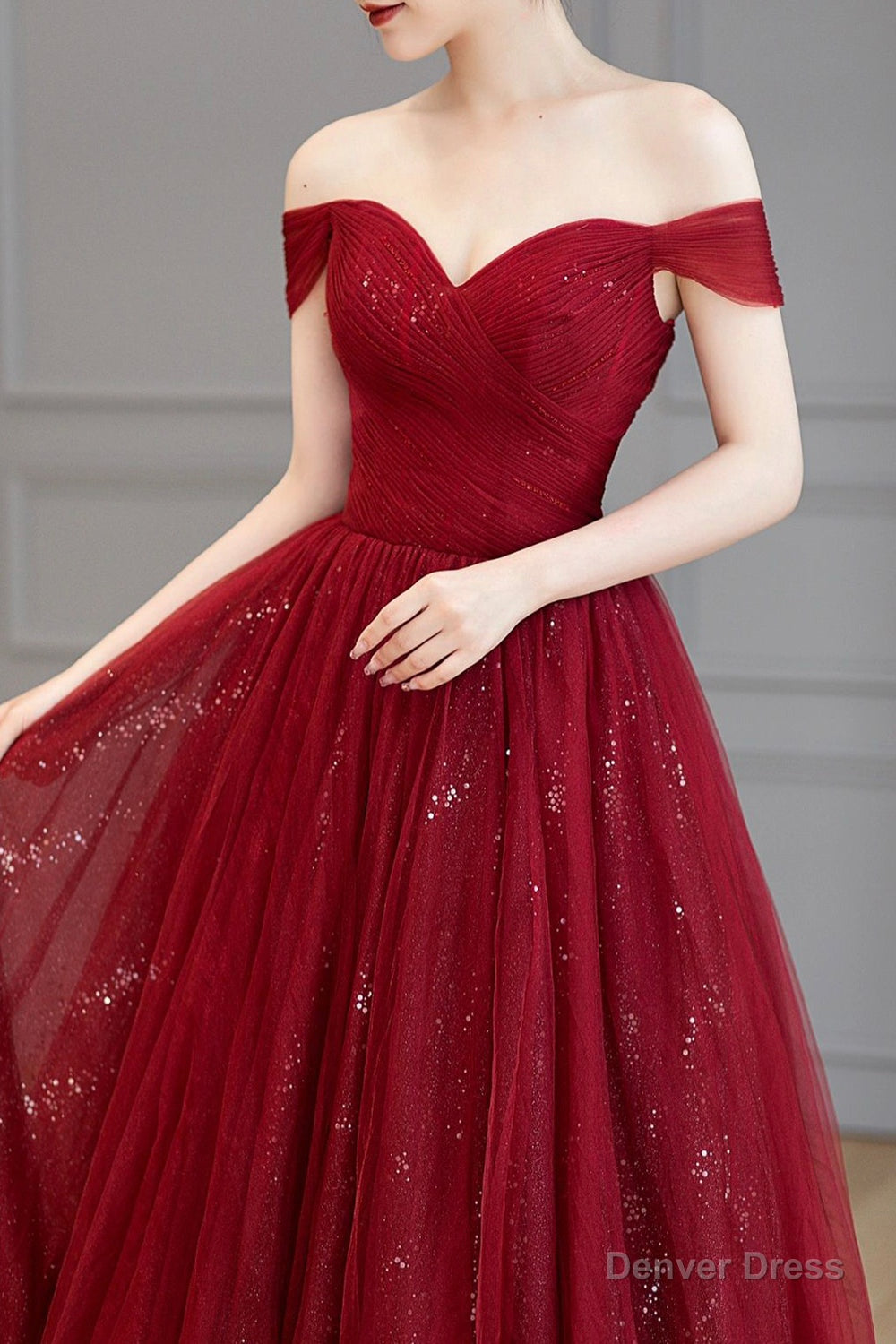 Urgundy Tulle Long Prom Dress, A Line Off The Shoulder Prom Dresses