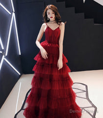 Burgundy tulle long prom gown formal dress