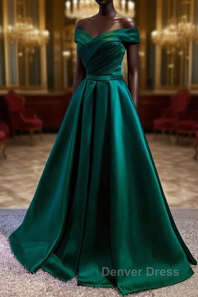 Satin Emerald Green Pleated A-Line Off-shoulder Prom Dresses Main image