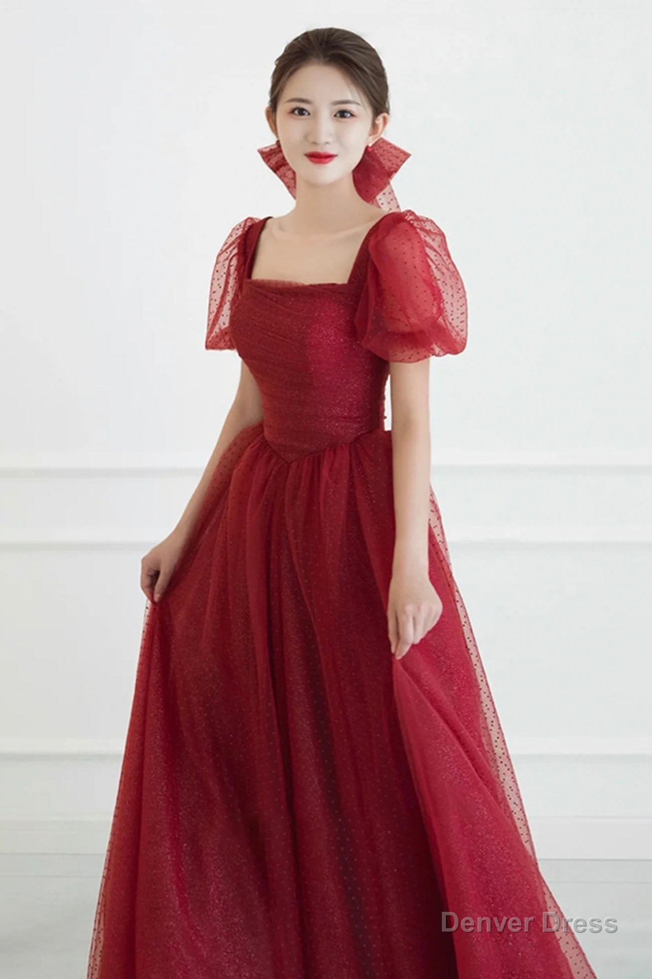 Red tulle long prom Dress A Line Prom Dresses