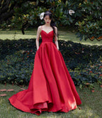 Red satin long prom Dress A Line Prom Dresses