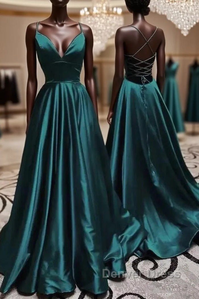 Elegant V Neck Spaghetti Straps A-line Dark Green Prom Dresses