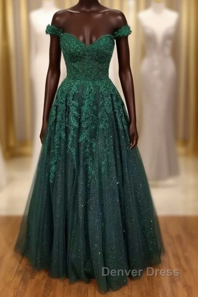 Off The Shoulder Cheap Hunter Green Prom Dress Floral Appliques Prom Dresses Main image