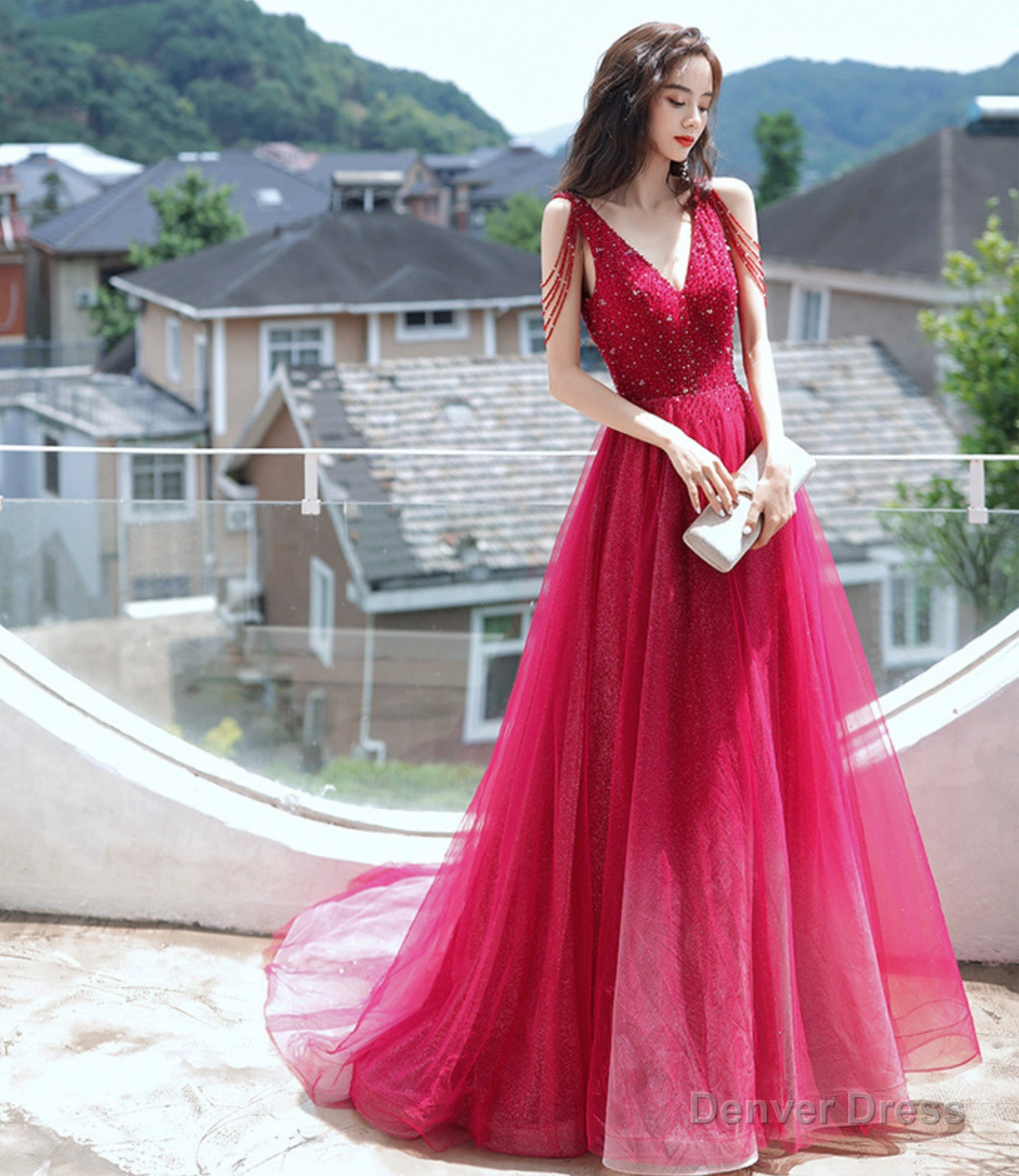 Red tulle beads long prom dress red evening dress Main image