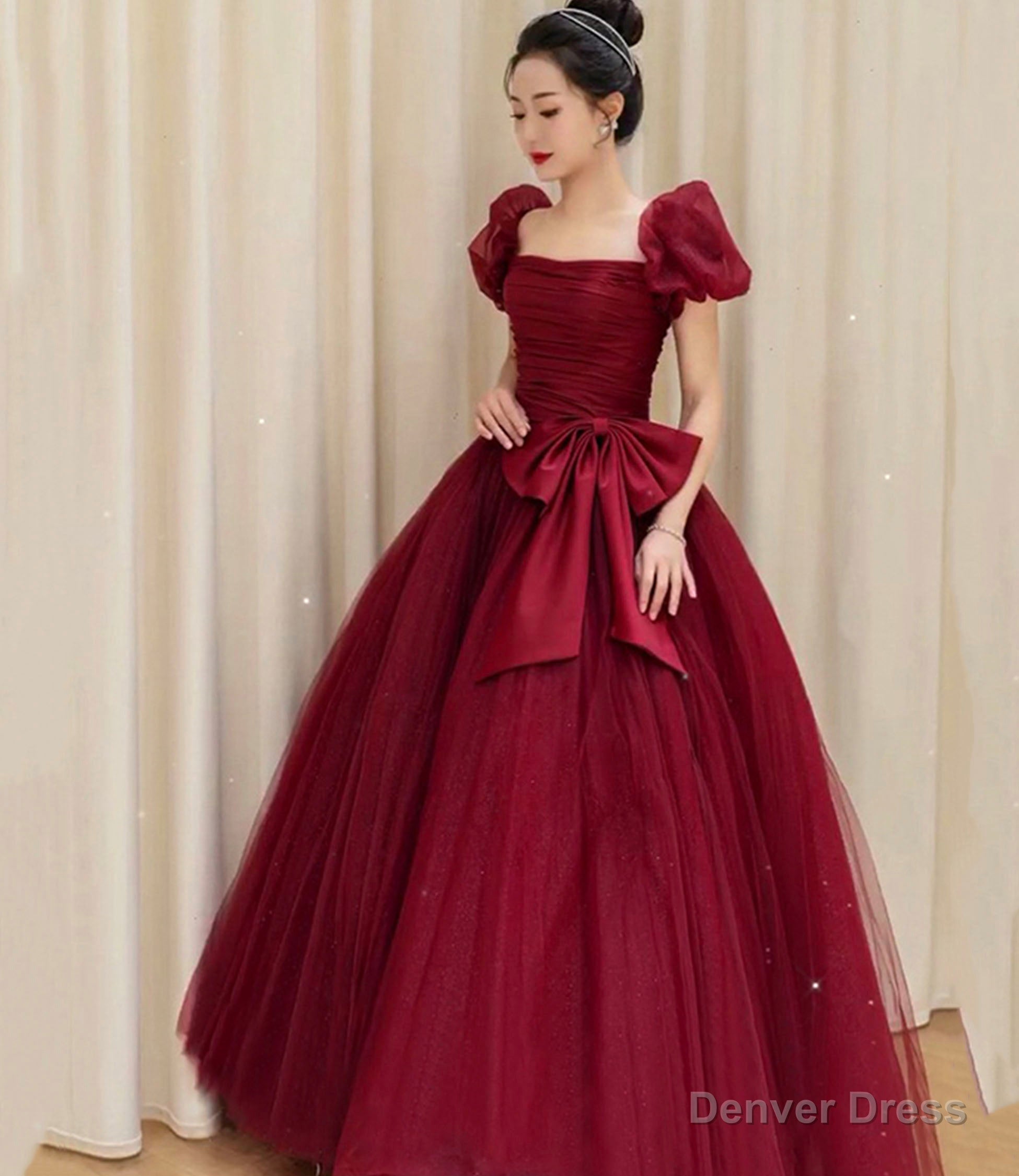 Burgundy tulle long ball Gowns Dress Prom Dresses