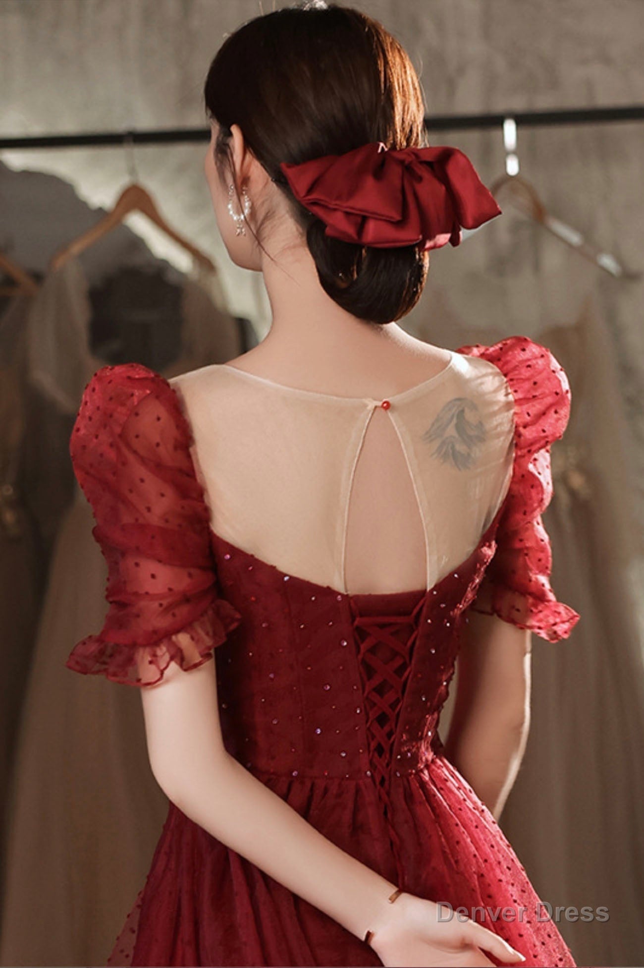 Burgundy tulle beads short prom Dress homecoming Dresses