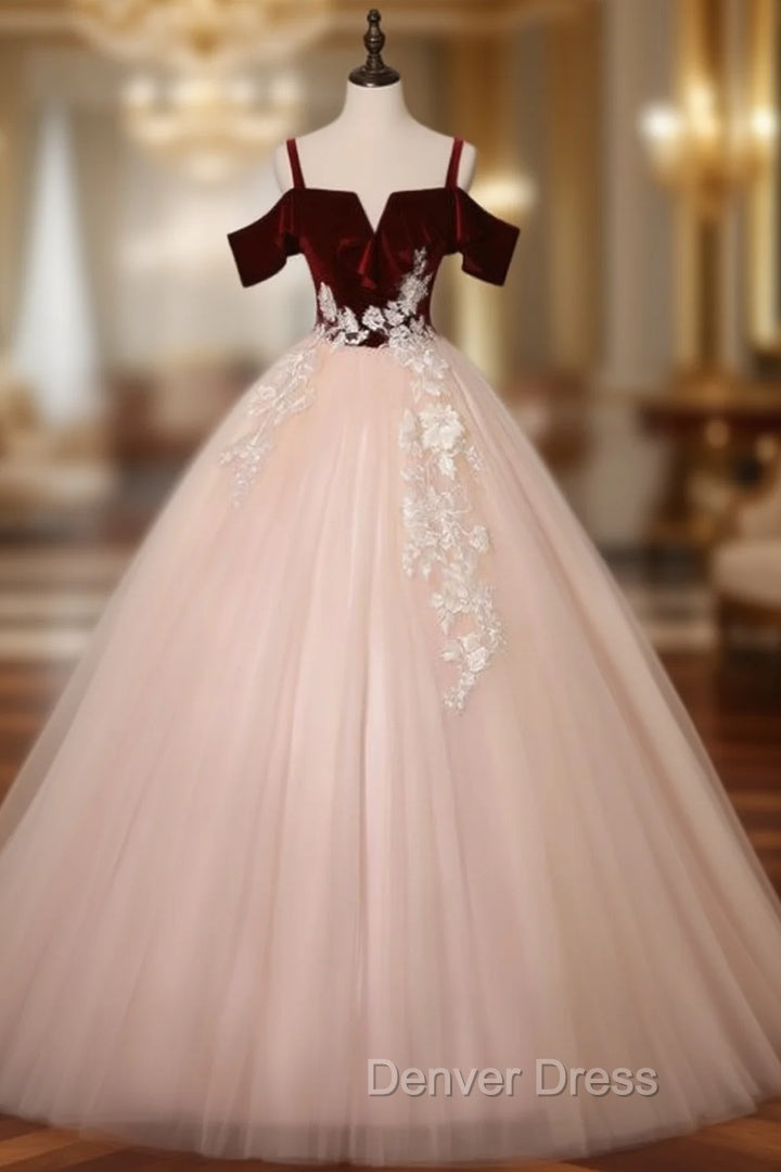Find Your Dresses For Prom! Burgundy Velvet Pink Tulle Spagehtti Straps Appliques Quinceanera Dresses