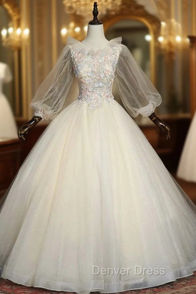 Find Your Dresses For Prom! Champagne Ball Gown Tulle Long Sleeve Appliques Quinceanera Dresses