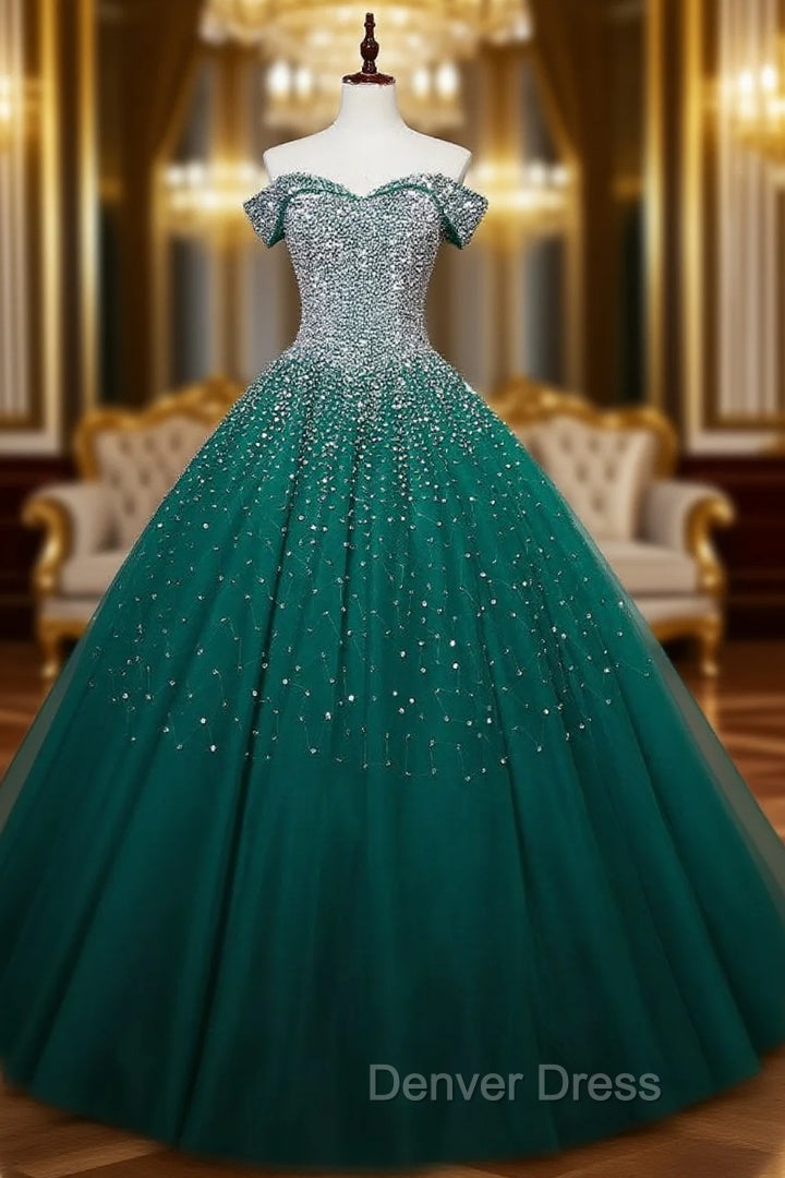 Find Your Dresses For Prom! Dark Green Ball Gown Tulle Off the Shoulder Beading Sequins Quinceanera Dresses Main image