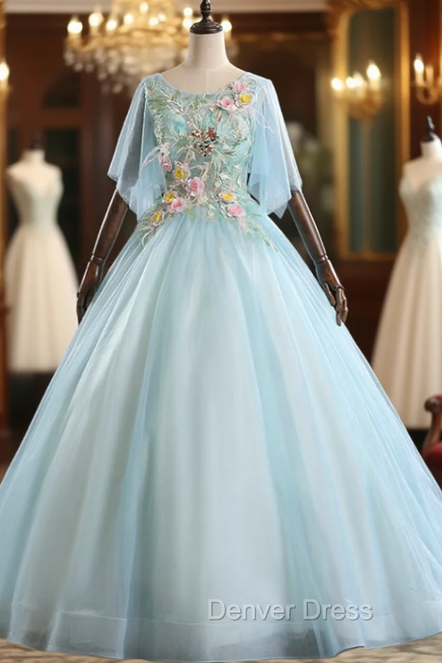 Find Your Dresses For Prom! Light Blue Ball Gown Tulle Short Sleeve Appliques Quinceanera Dresses Main image
