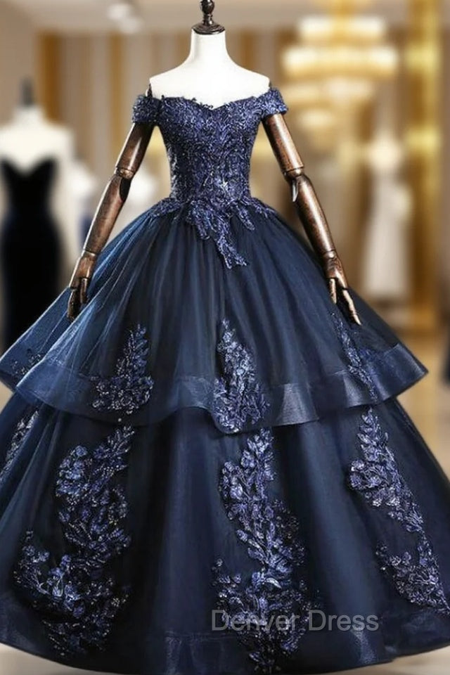 Find Your Dresses For Prom! Navy Blue Ball Gown Tulle Appliques Off the Shoulder Beading Quinceanera Dresses