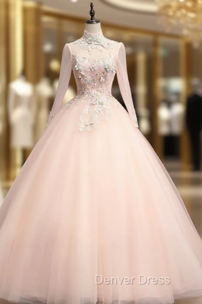 Find Your Dresses For Prom! Pink Ball Gown Tulle Long Sleeve Backless Appliques Quinceanera Dresses Main image