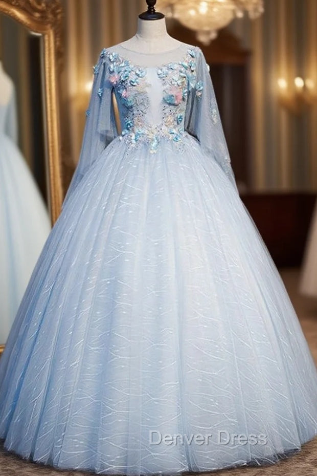 Find Your Dress For Prom! Sky Blue Ball Gowns Tulle Appliques 3 4 Sleeve Quinceanera Dresses