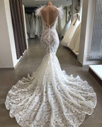 Fit and Flare Lace Crystals Necklace Wedding Dresses Open Back Bridal Gown with Feather