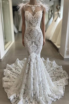 Fit and Flare Lace Crystals Necklace Wedding Dresses Open Back Bridal Gown with Feather
